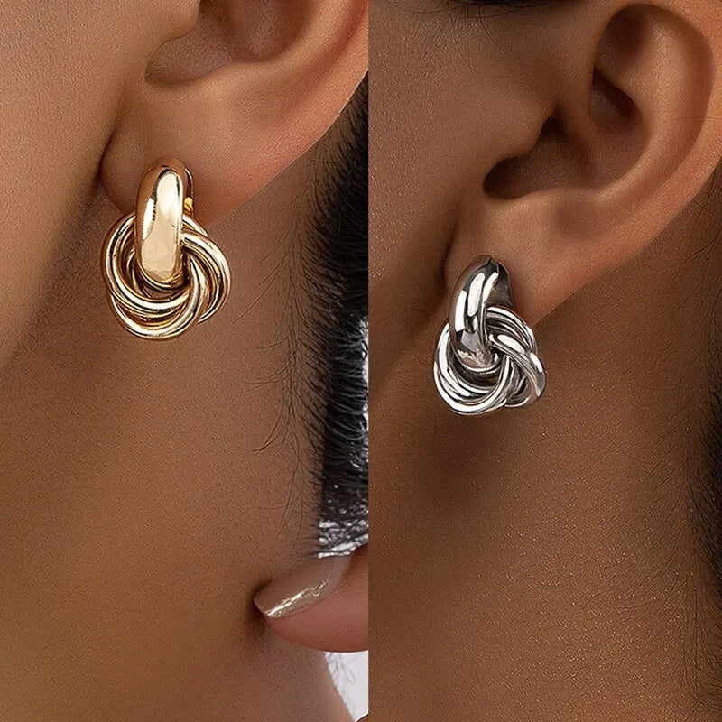 2 Pair Set Gold and Silver Color Knot Hoop Earring Set